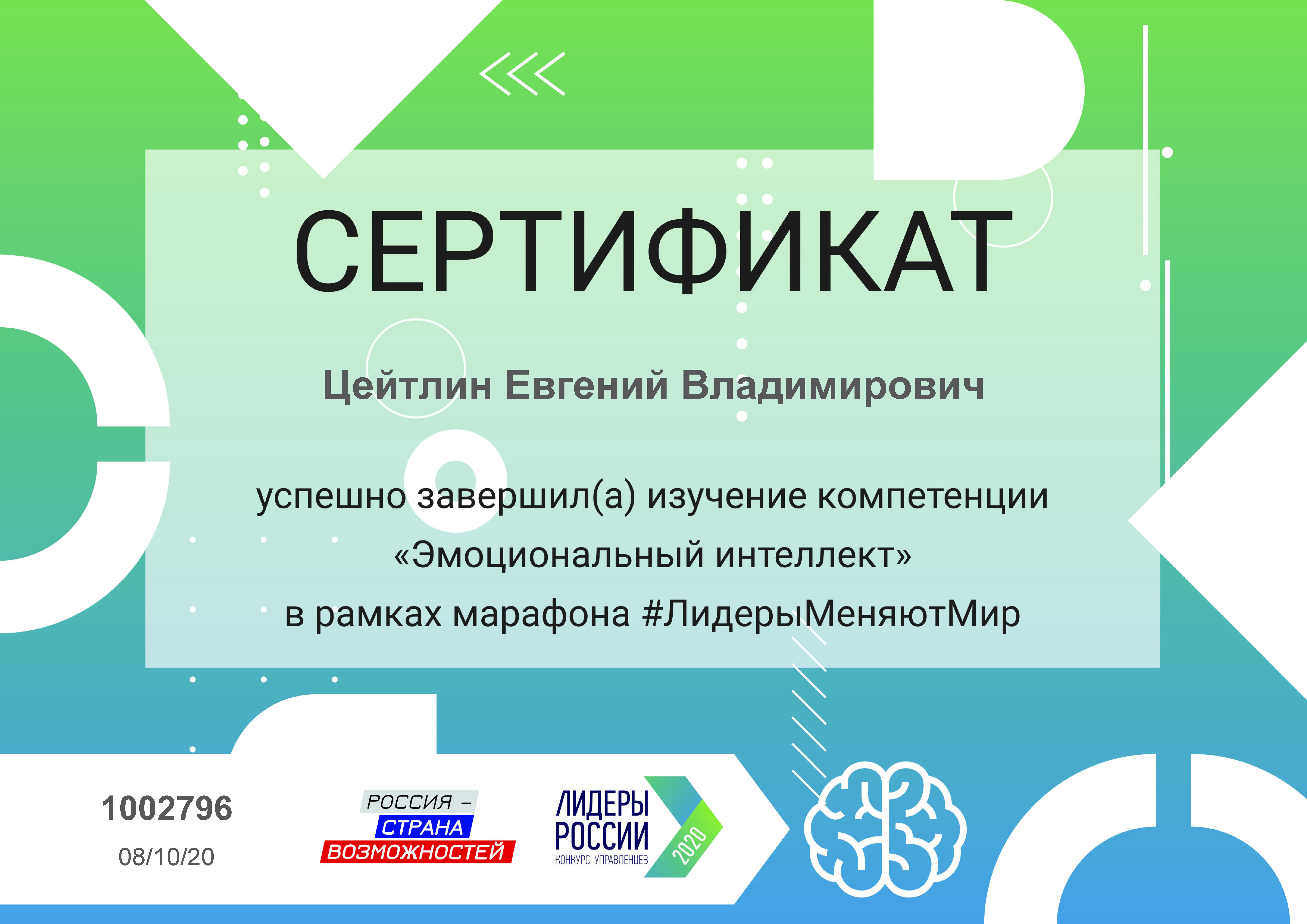 Сертификат ЛидерыМеняютМир Интеллект 2020